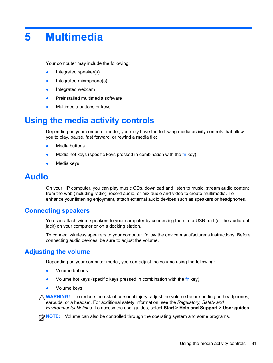 Multimedia, Using the media activity controls, Audio | Connecting speakers, Adjusting the volume, 5 multimedia, Using the media activity controls audio, Connecting speakers adjusting the volume, 5multimedia | HP EliteBook 850 G1 Notebook PC User Manual | Page 41 / 106