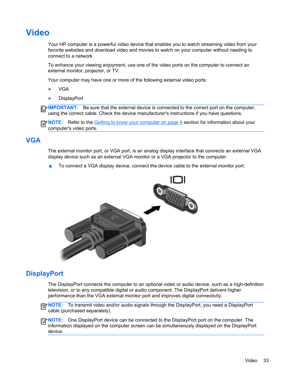 Video, Displayport, Vga displayport | HP EliteBook 850 G1 Notebook PC User Manual | Page 43 / 106