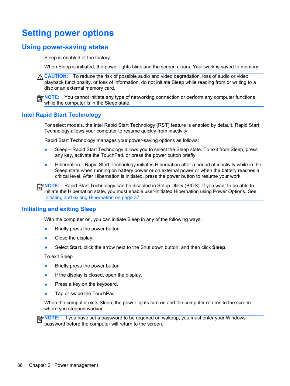 Setting power options, Using power-saving states, Intel rapid start technology | Initiating and exiting sleep | HP EliteBook 850 G1 Notebook PC User Manual | Page 46 / 106