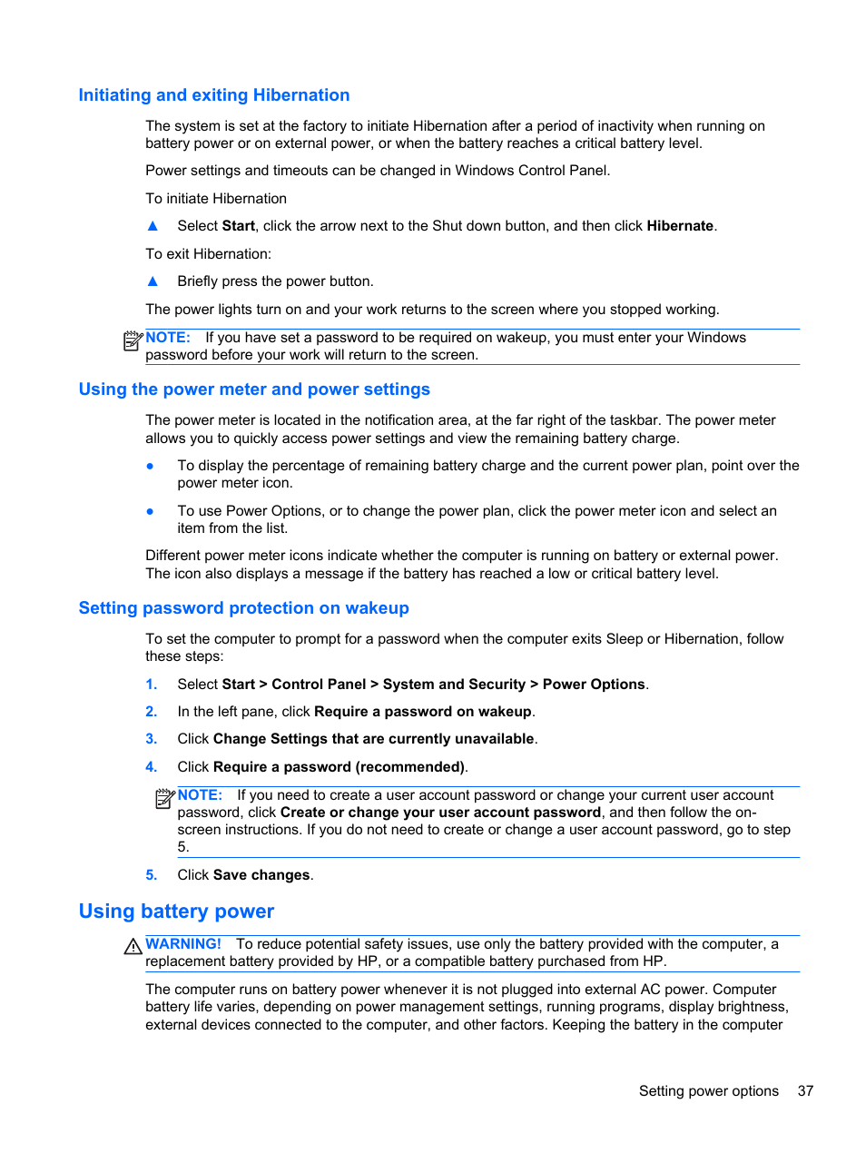 Initiating and exiting hibernation, Using the power meter and power settings, Setting password protection on wakeup | Using battery power | HP EliteBook 850 G1 Notebook PC User Manual | Page 47 / 106