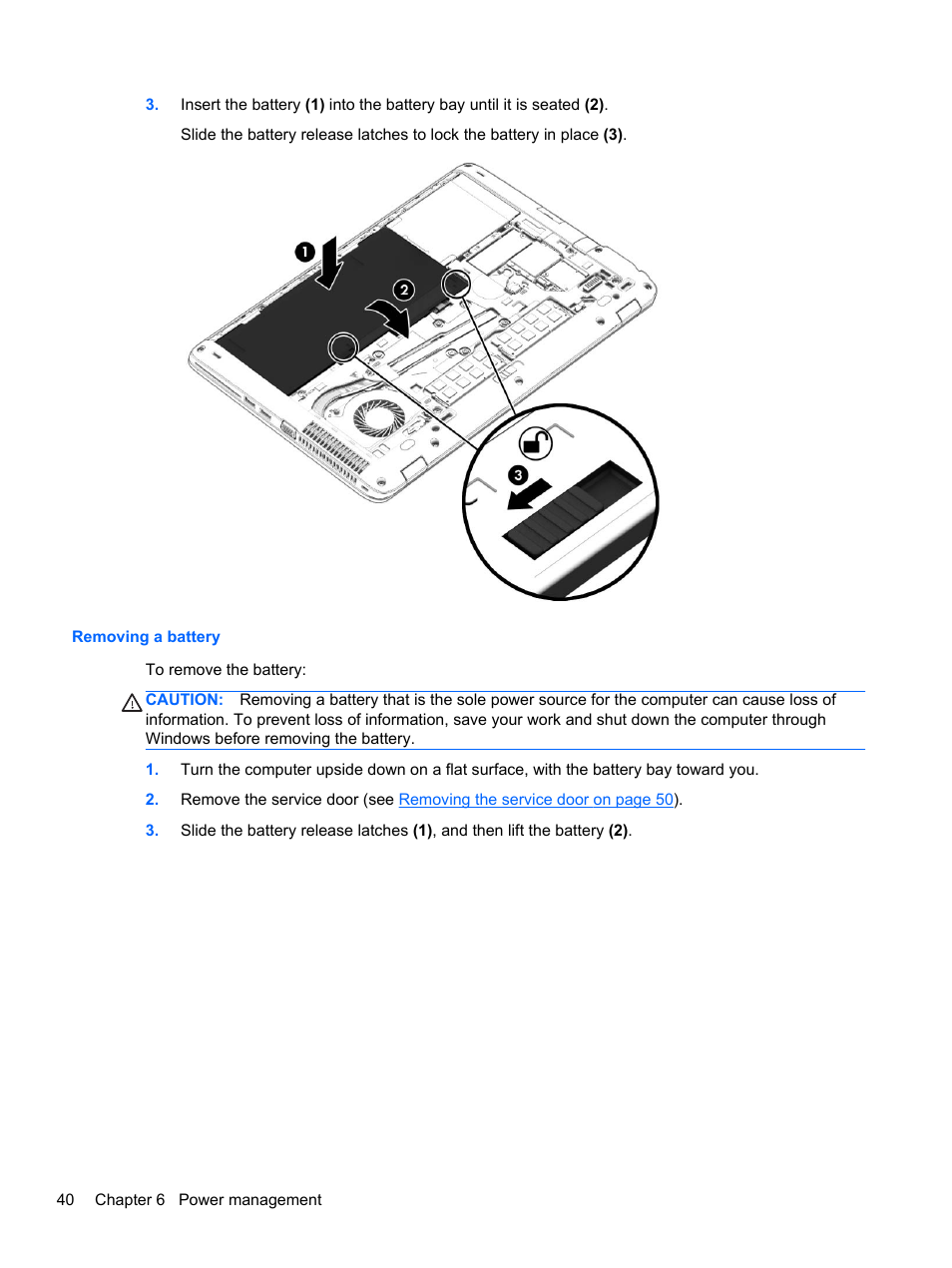Removing a battery | HP EliteBook 850 G1 Notebook PC User Manual | Page 50 / 106