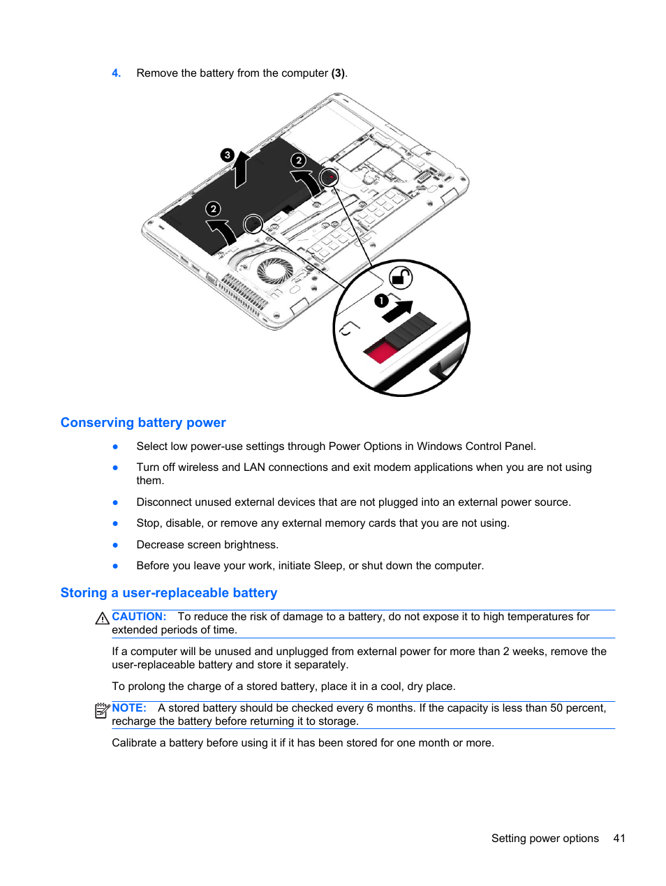 Conserving battery power, Storing a user-replaceable battery | HP EliteBook 850 G1 Notebook PC User Manual | Page 51 / 106