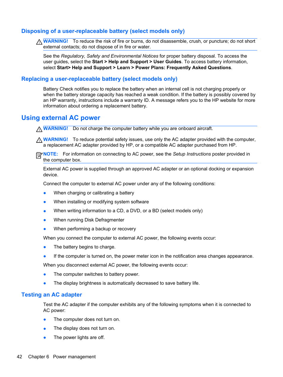 Using external ac power, Testing an ac adapter | HP EliteBook 850 G1 Notebook PC User Manual | Page 52 / 106