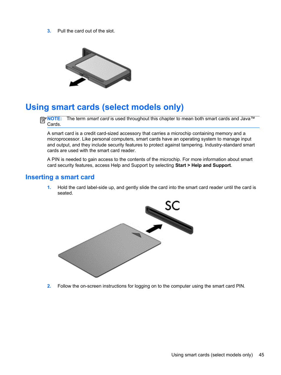 Using smart cards (select models only), Inserting a smart card | HP EliteBook 850 G1 Notebook PC User Manual | Page 55 / 106