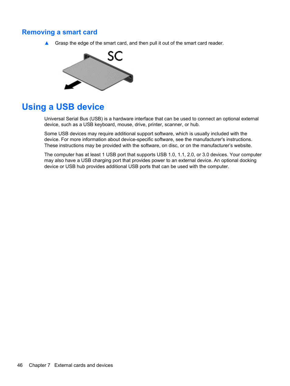 Removing a smart card, Using a usb device | HP EliteBook 850 G1 Notebook PC User Manual | Page 56 / 106