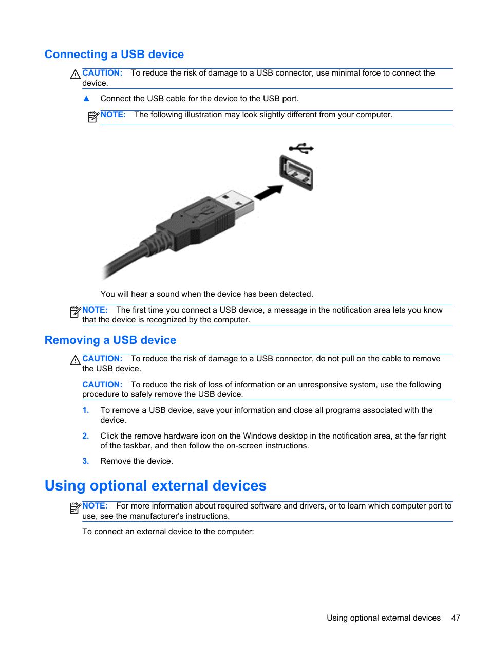 Connecting a usb device, Removing a usb device, Using optional external devices | Connecting a usb device removing a usb device | HP EliteBook 850 G1 Notebook PC User Manual | Page 57 / 106