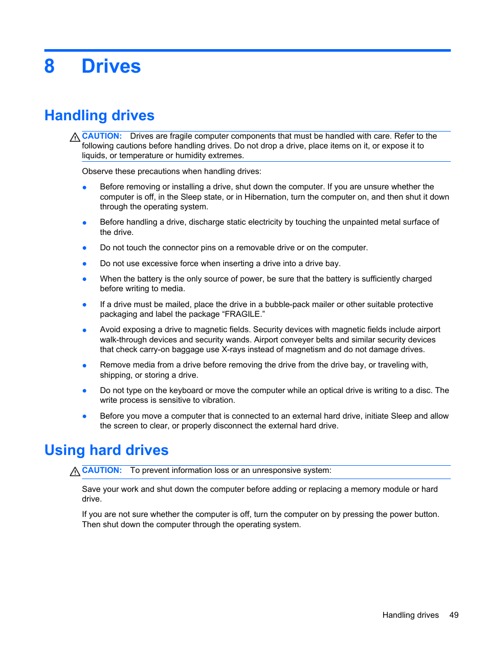 Drives, Handling drives, Using hard drives | 8 drives, 8drives | HP EliteBook 850 G1 Notebook PC User Manual | Page 59 / 106