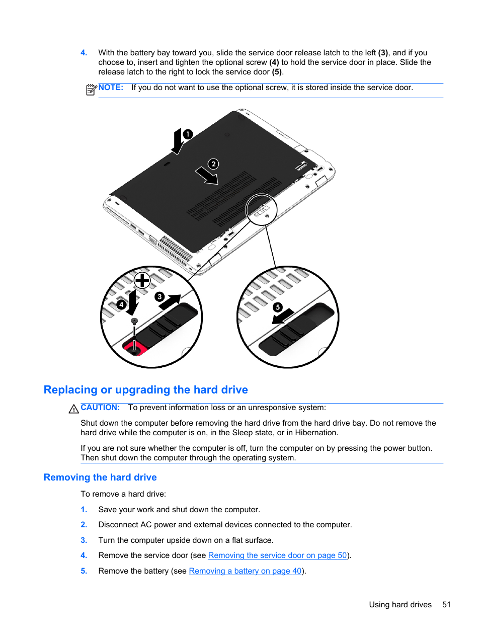 Replacing or upgrading the hard drive, Removing the hard drive | HP EliteBook 850 G1 Notebook PC User Manual | Page 61 / 106