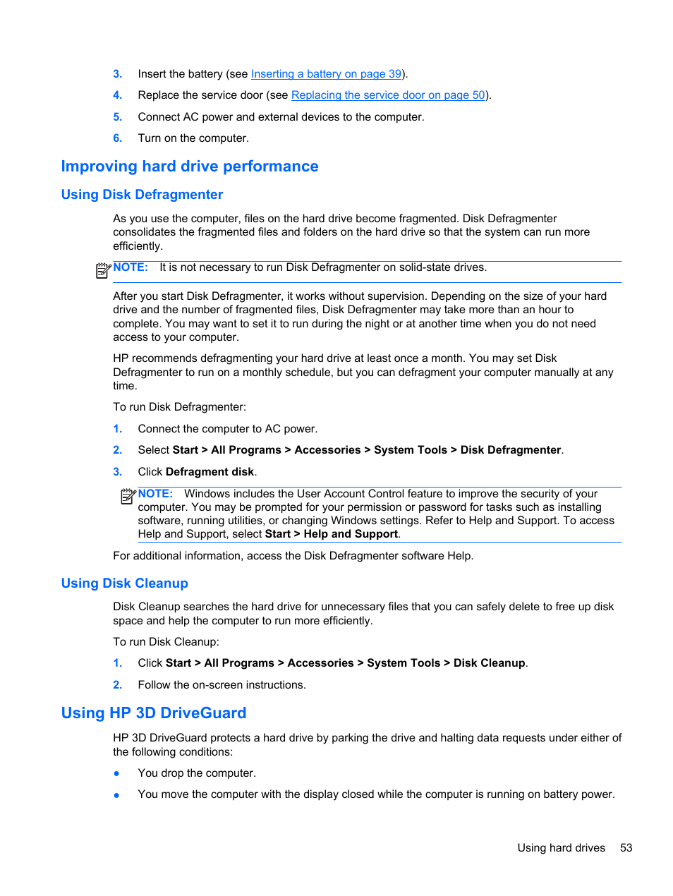 Improving hard drive performance, Using disk defragmenter, Using disk cleanup | Using hp 3d driveguard, Using disk defragmenter using disk cleanup | HP EliteBook 850 G1 Notebook PC User Manual | Page 63 / 106