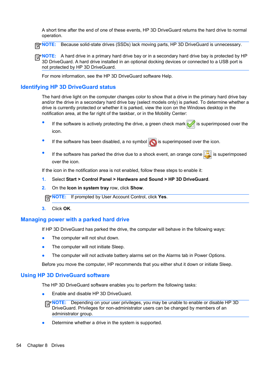 Identifying hp 3d driveguard status, Managing power with a parked hard drive, Using hp 3d driveguard software | HP EliteBook 850 G1 Notebook PC User Manual | Page 64 / 106