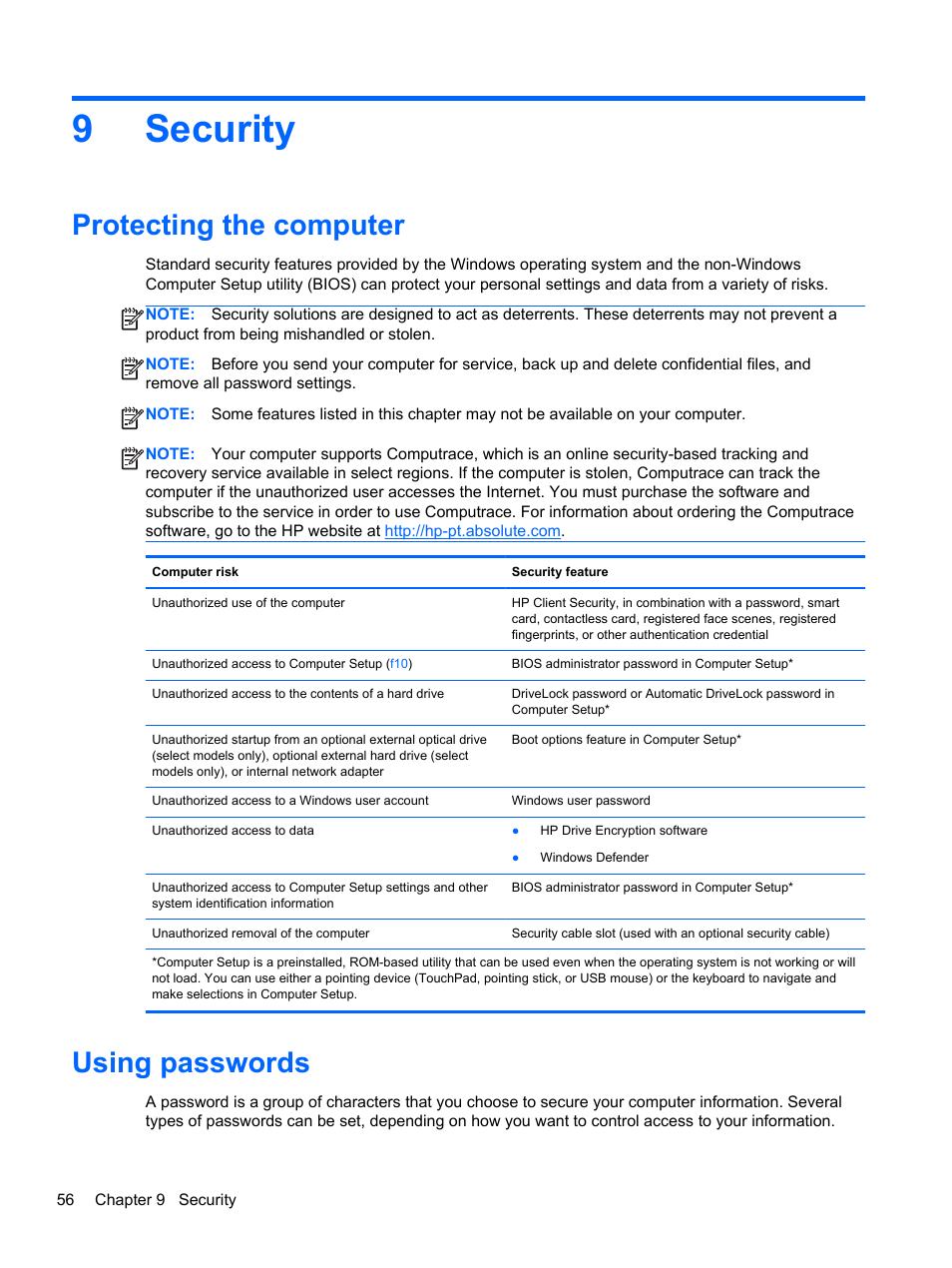 Security, Protecting the computer, Using passwords | 9 security, Protecting the computer using passwords, 9security | HP EliteBook 850 G1 Notebook PC User Manual | Page 66 / 106