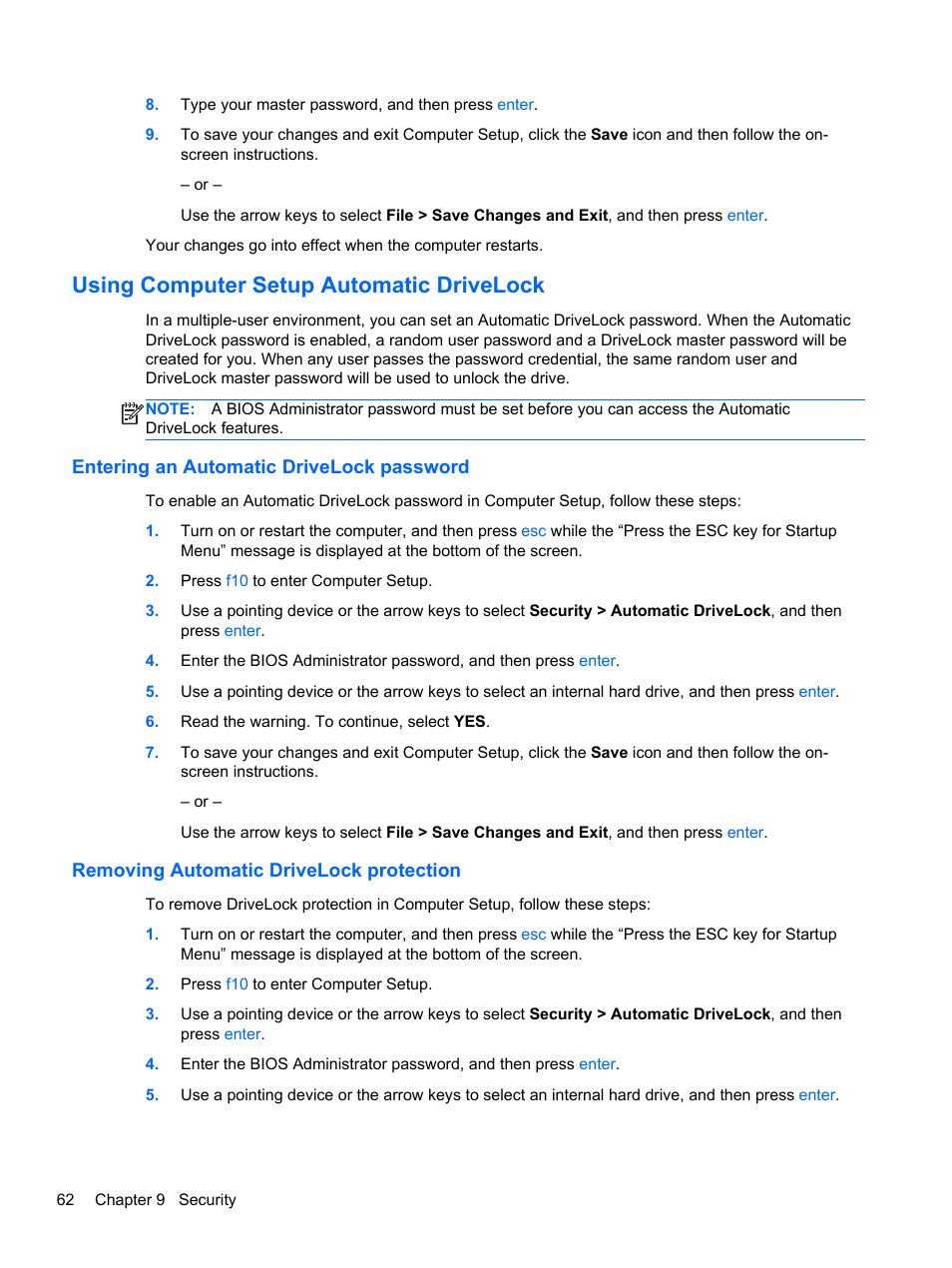 Using computer setup automatic drivelock, Entering an automatic drivelock password, Removing automatic drivelock protection | HP EliteBook 850 G1 Notebook PC User Manual | Page 72 / 106