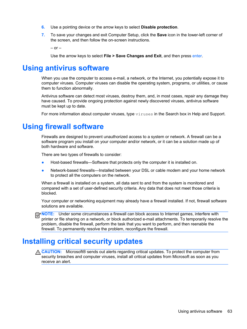 Using antivirus software, Using firewall software, Installing critical security updates | HP EliteBook 850 G1 Notebook PC User Manual | Page 73 / 106