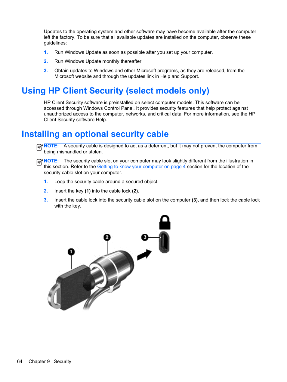 Using hp client security (select models only), Installing an optional security cable | HP EliteBook 850 G1 Notebook PC User Manual | Page 74 / 106