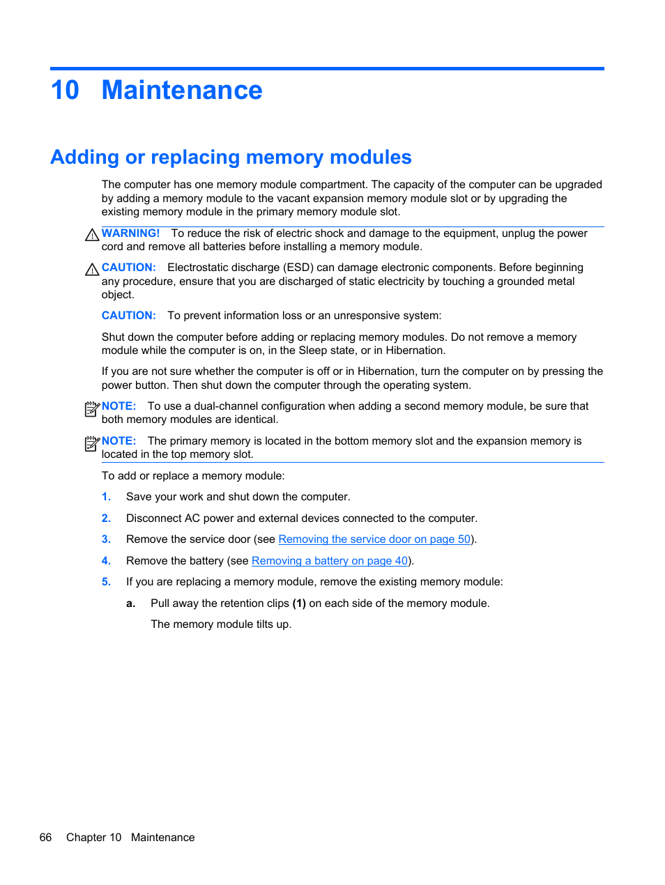 Maintenance, Adding or replacing memory modules, 10 maintenance | HP EliteBook 850 G1 Notebook PC User Manual | Page 76 / 106