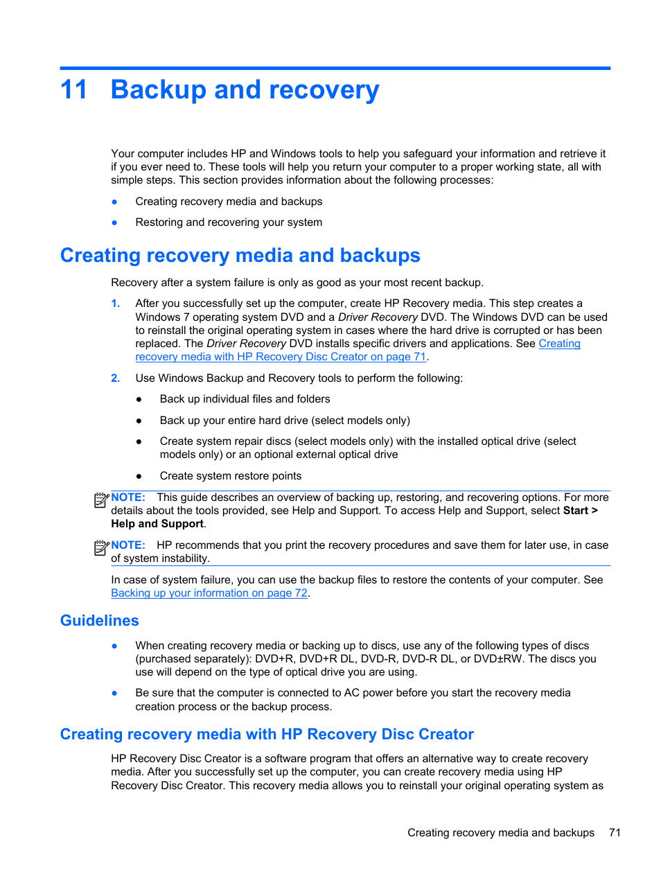 Backup and recovery, Creating recovery media and backups, Guidelines | 11 backup and recovery, Backup and | HP EliteBook 850 G1 Notebook PC User Manual | Page 81 / 106