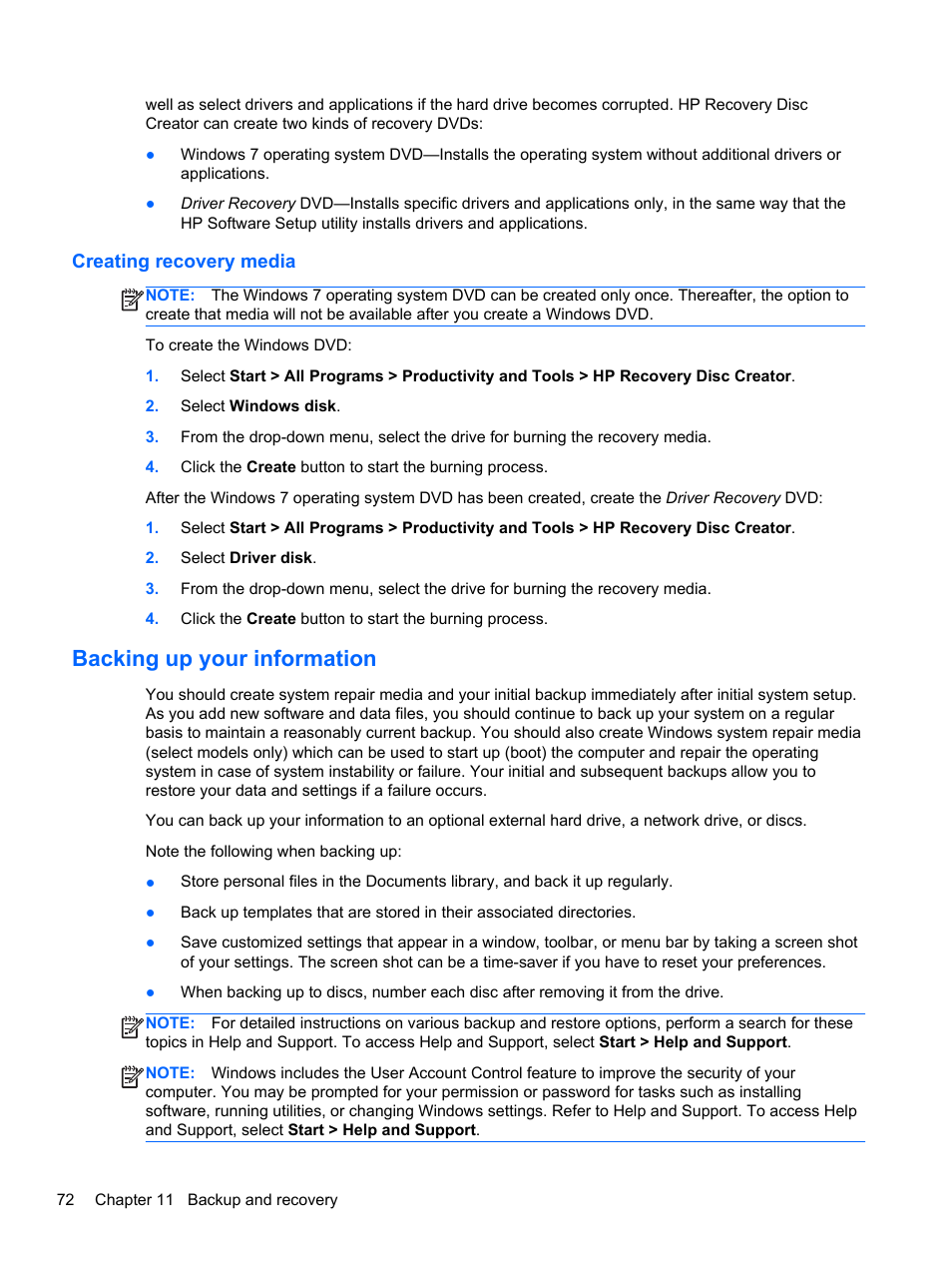 Creating recovery media, Backing up your information | HP EliteBook 850 G1 Notebook PC User Manual | Page 82 / 106