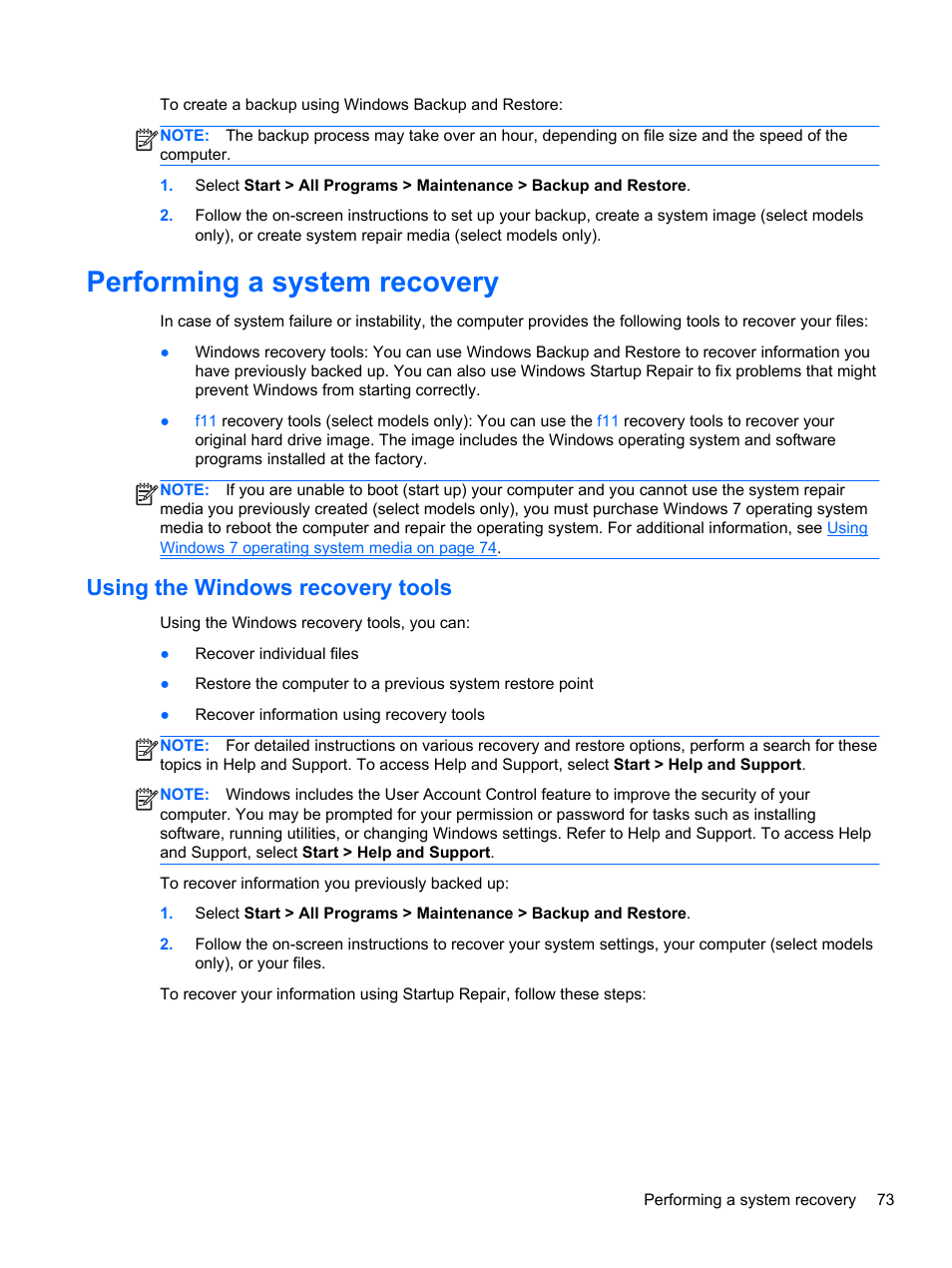Performing a system recovery, Using the windows recovery tools | HP EliteBook 850 G1 Notebook PC User Manual | Page 83 / 106