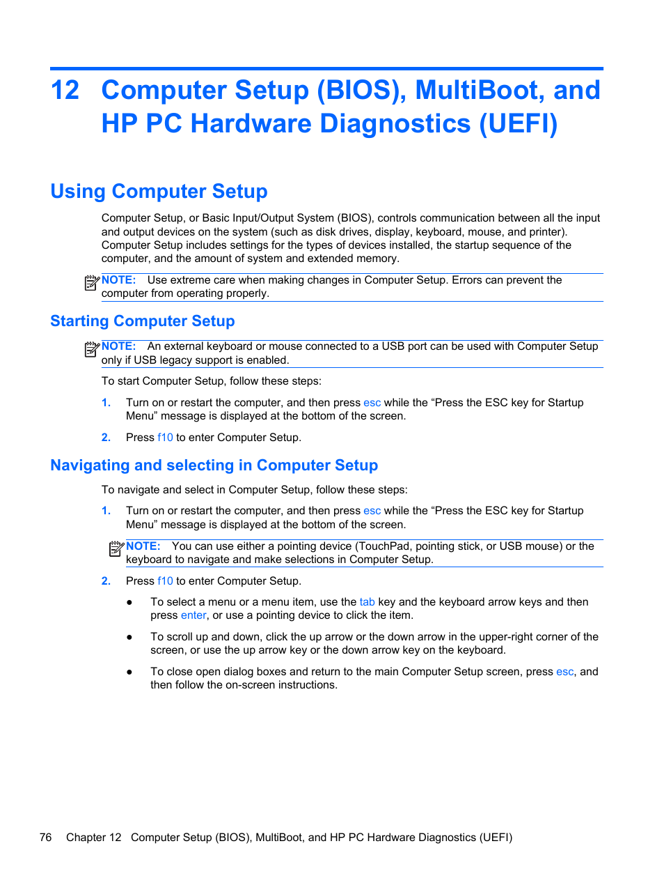 Using computer setup, Starting computer setup, Navigating and selecting in computer setup | HP EliteBook 850 G1 Notebook PC User Manual | Page 86 / 106