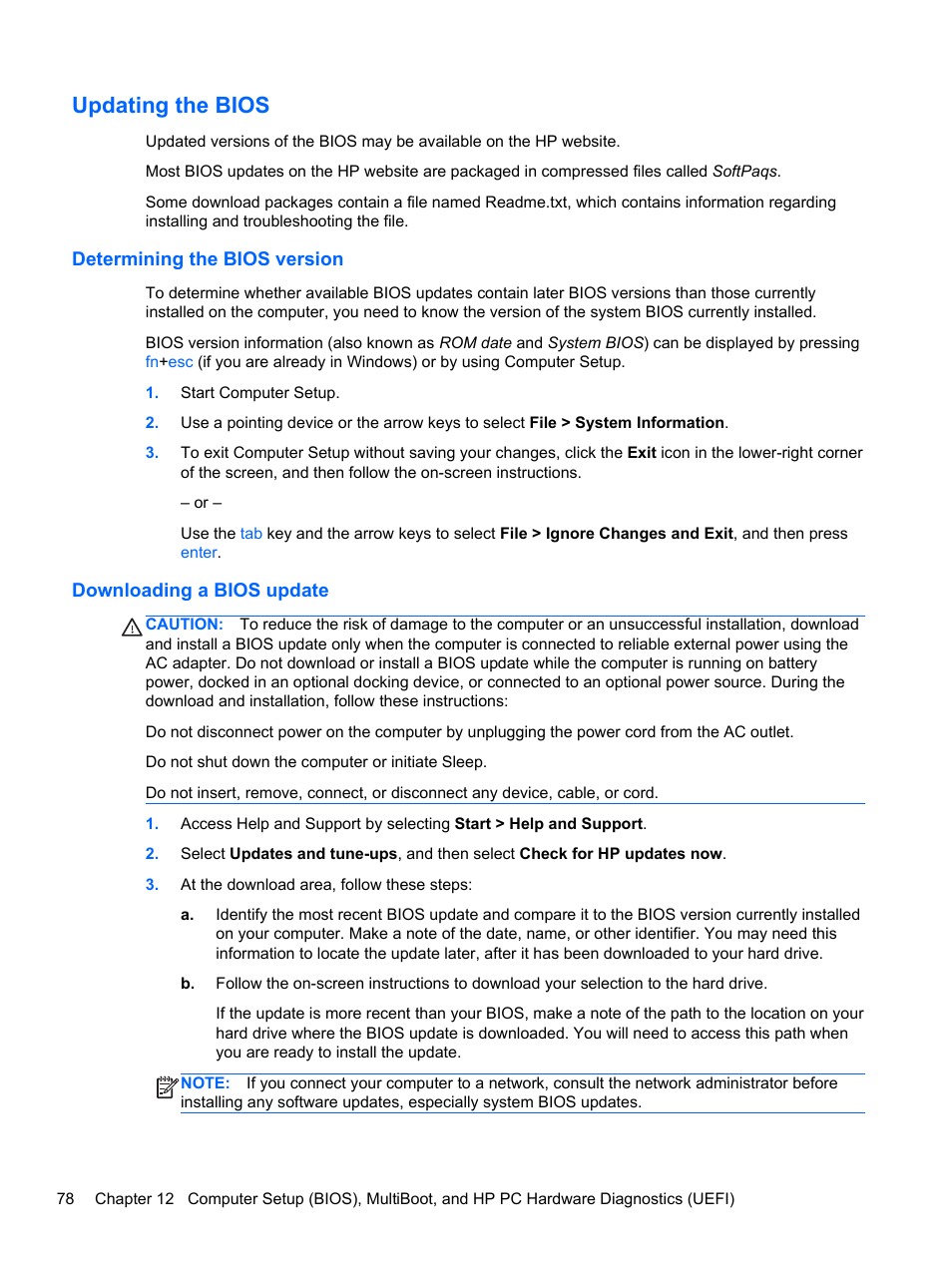 Updating the bios, Determining the bios version, Downloading a bios update | HP EliteBook 850 G1 Notebook PC User Manual | Page 88 / 106