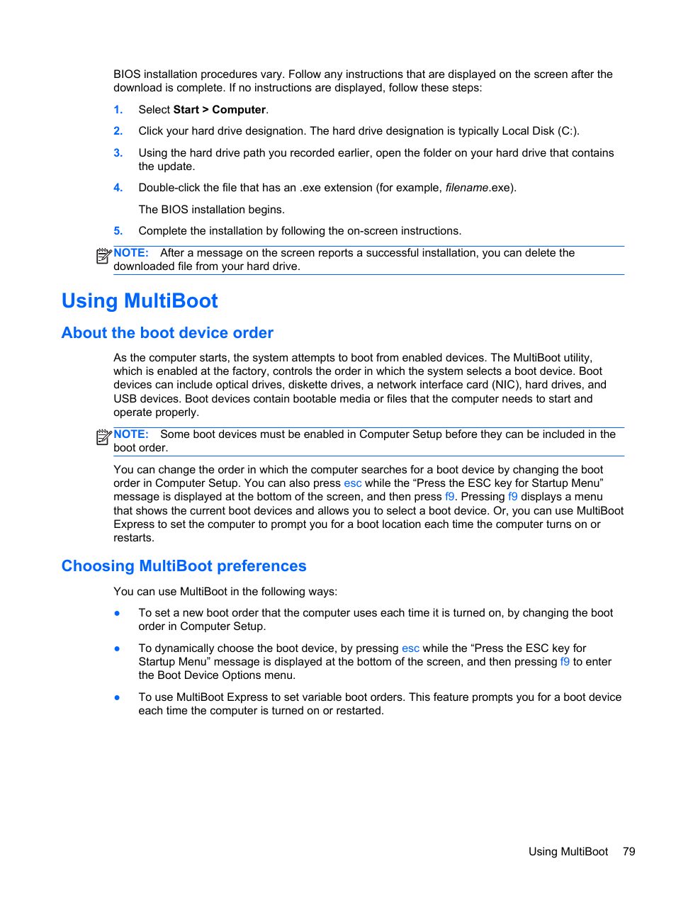 Using multiboot, About the boot device order, Choosing multiboot preferences | HP EliteBook 850 G1 Notebook PC User Manual | Page 89 / 106