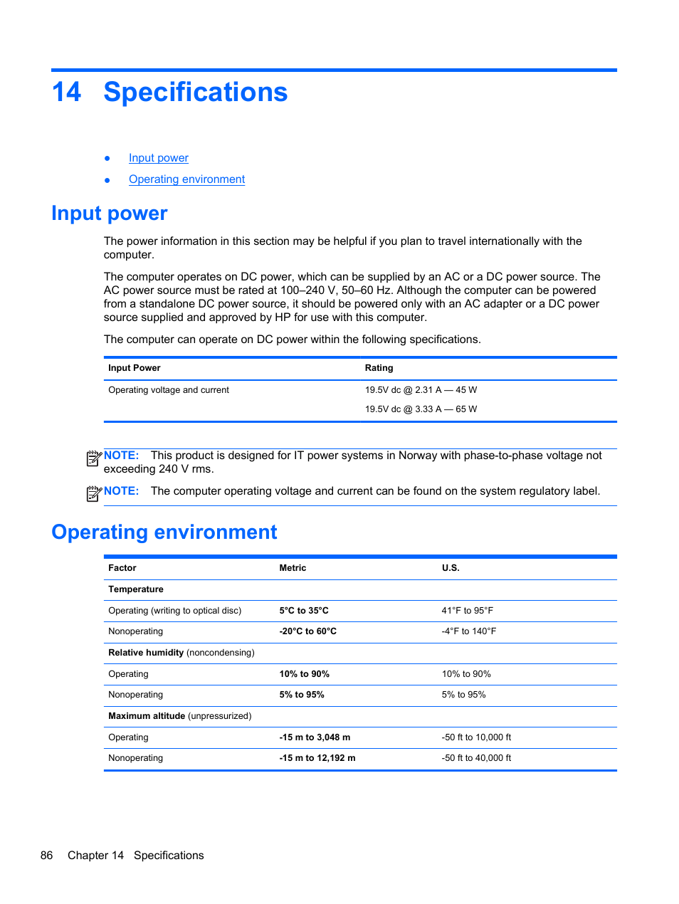 Specifications, Input power, Operating environment | 14 specifications, Input power operating environment | HP EliteBook 850 G1 Notebook PC User Manual | Page 96 / 106