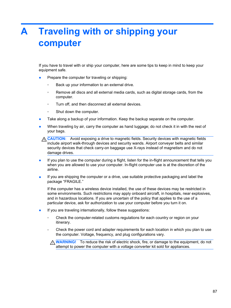 Traveling with or shipping your computer, Atraveling with or shipping your computer | HP EliteBook 850 G1 Notebook PC User Manual | Page 97 / 106