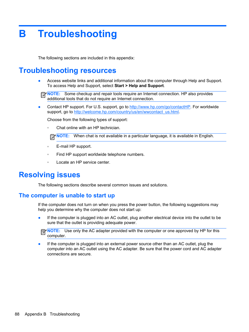 Troubleshooting, Troubleshooting resources, Resolving issues | The computer is unable to start up, Appendix b troubleshooting, Troubleshooting resources resolving issues, Btroubleshooting | HP EliteBook 850 G1 Notebook PC User Manual | Page 98 / 106