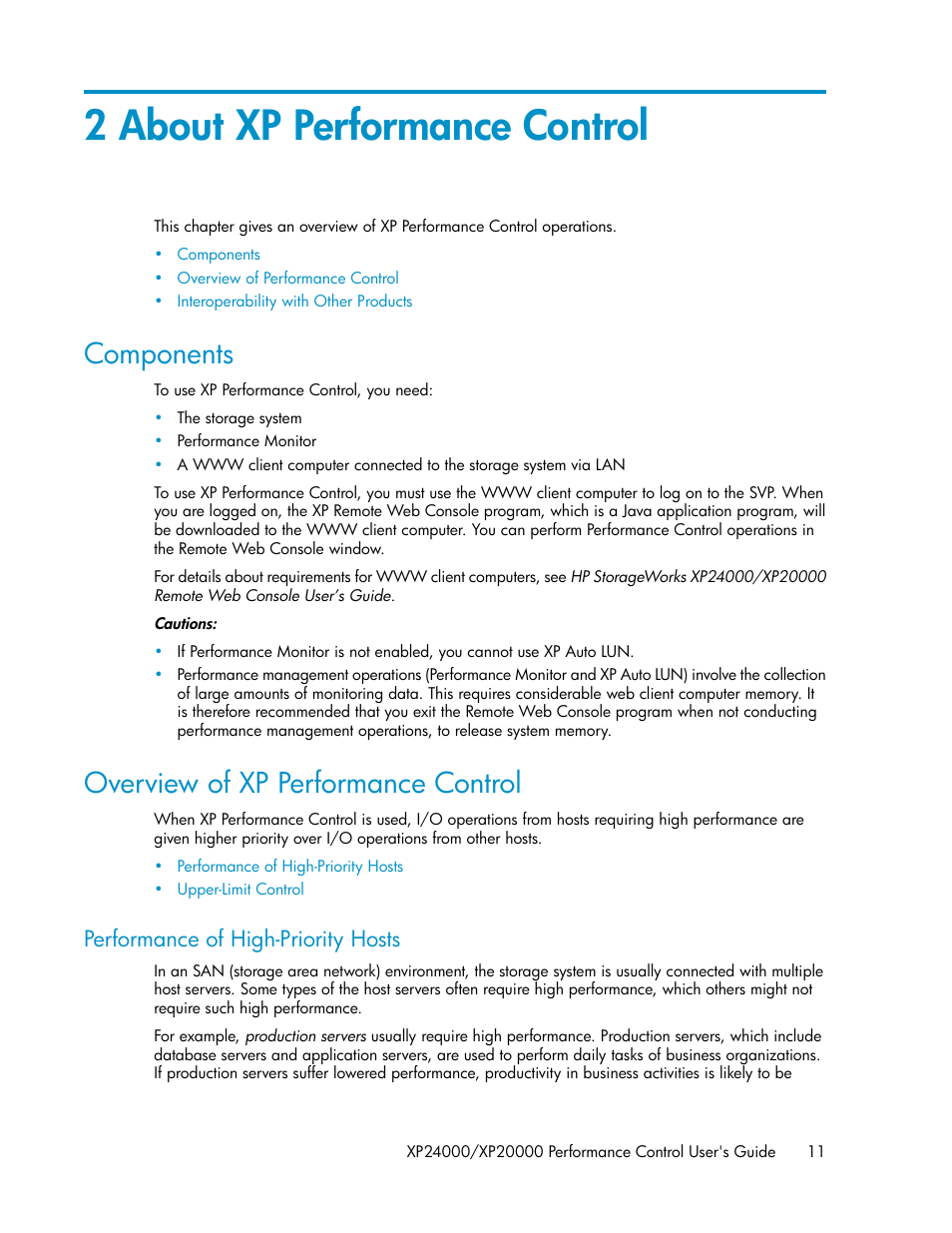 2 about xp performance control, Components, Overview of xp performance control | Performance of high-priority hosts, 11 overview of xp performance control | HP XP Array Manager Software User Manual | Page 11 / 58