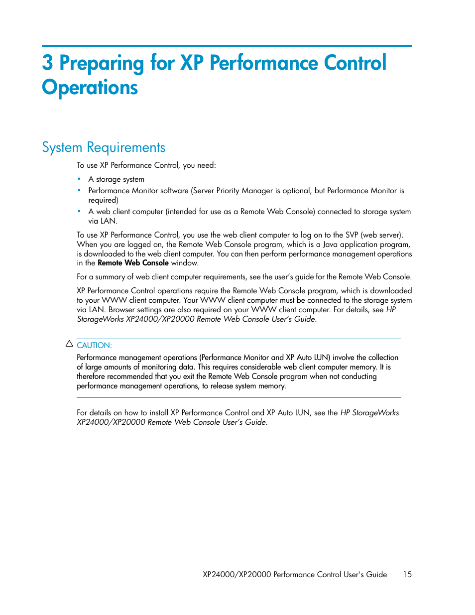 3 preparing for xp performance control operations, System requirements | HP XP Array Manager Software User Manual | Page 15 / 58