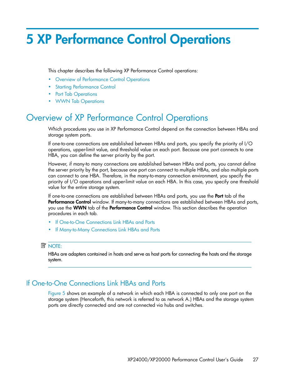 5 xp performance control operations, Overview of xp performance control operations, If one-to-one connections link hbas and ports | HP XP Array Manager Software User Manual | Page 27 / 58