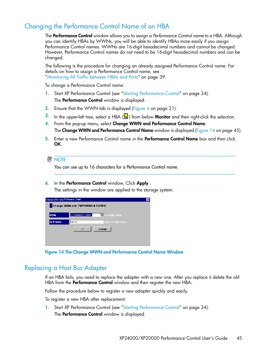 Changing the performance control name of an hba, Replacing a host bus adapter, 45 replacing a host bus adapter | The change wwn and performance control name window | HP XP Array Manager Software User Manual | Page 45 / 58