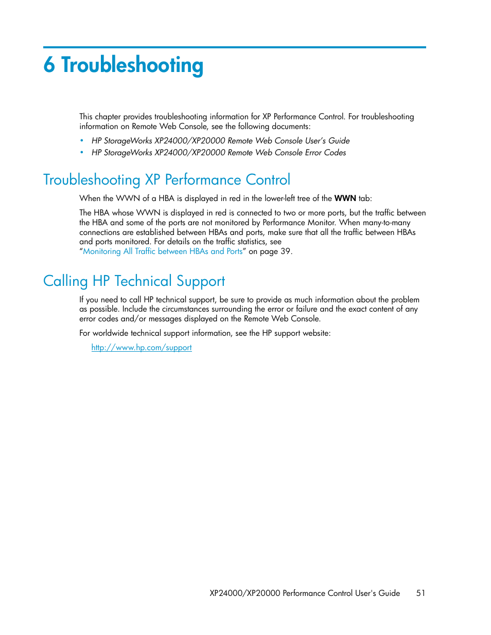 6 troubleshooting, Troubleshooting xp performance control, Calling hp technical support | 51 calling hp technical support | HP XP Array Manager Software User Manual | Page 51 / 58