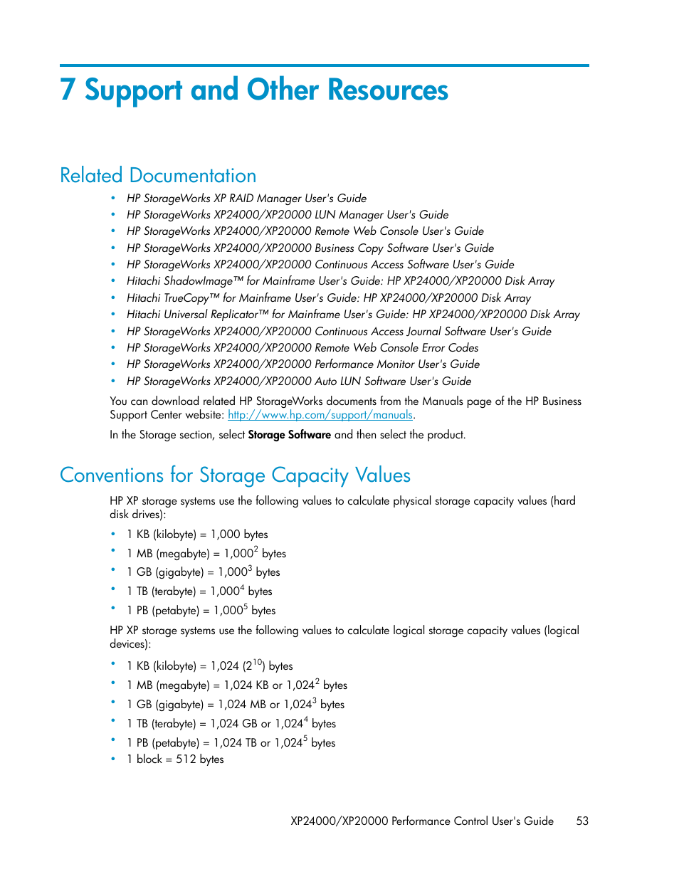 7 support and other resources, Related documentation, Conventions for storage capacity values | 53 conventions for storage capacity values | HP XP Array Manager Software User Manual | Page 53 / 58
