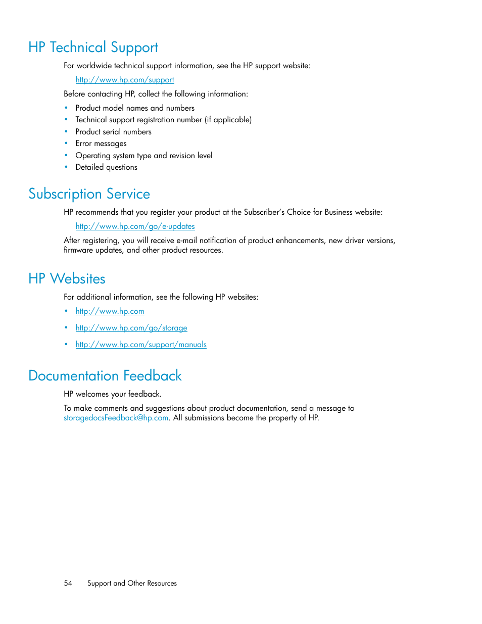 Hp technical support, Subscription service, Hp websites | Documentation feedback, 54 subscription service, 54 hp websites, 54 documentation feedback | HP XP Array Manager Software User Manual | Page 54 / 58