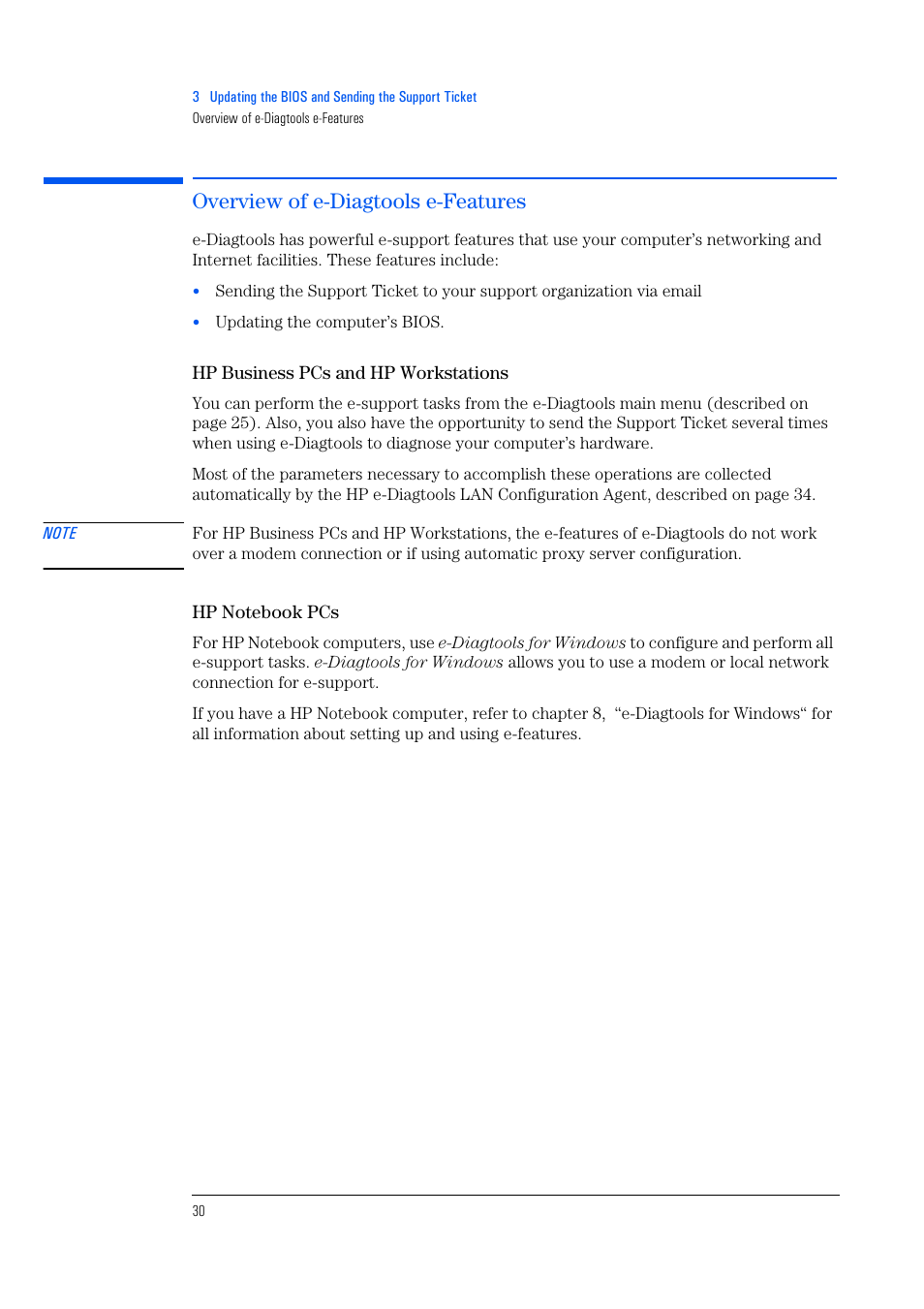 Overview of e-diagtools e-features, Hp business pcs and hp workstations, Hp notebook pcs | HP e-PC c10s10 User Manual | Page 30 / 82