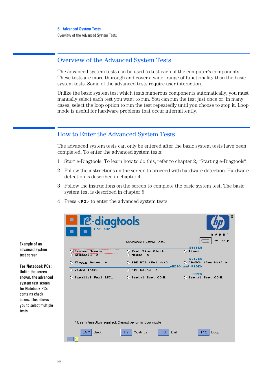 Overview of the advanced system tests, How to enter the advanced system tests | HP e-PC c10s10 User Manual | Page 56 / 82