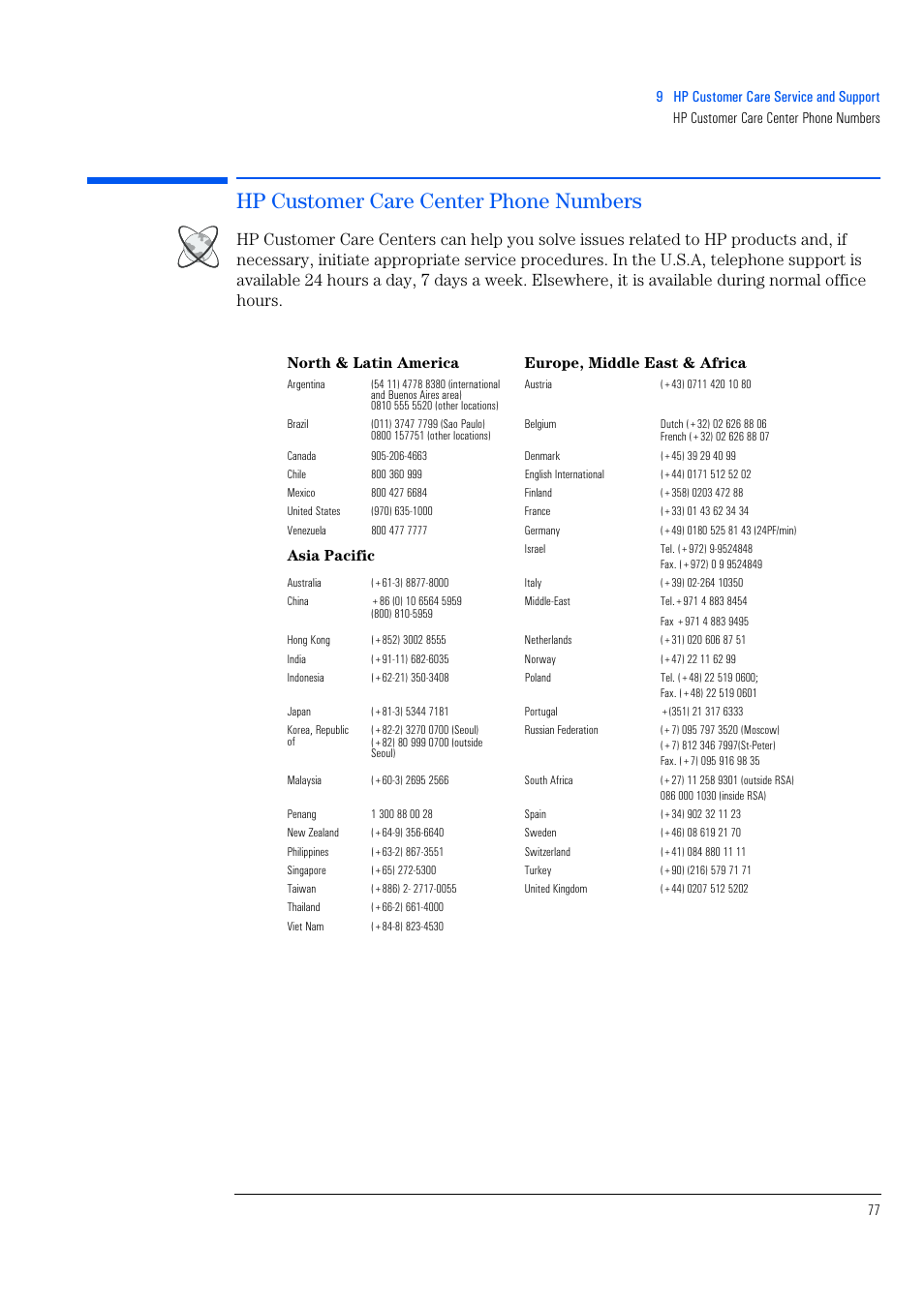 Hp customer care center phone numbers | HP e-PC c10s10 User Manual | Page 77 / 82