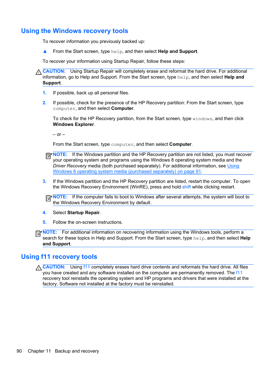 Using the windows recovery tools, Using f11 recovery tools | HP ProBook 4340s Notebook-PC User Manual | Page 100 / 125