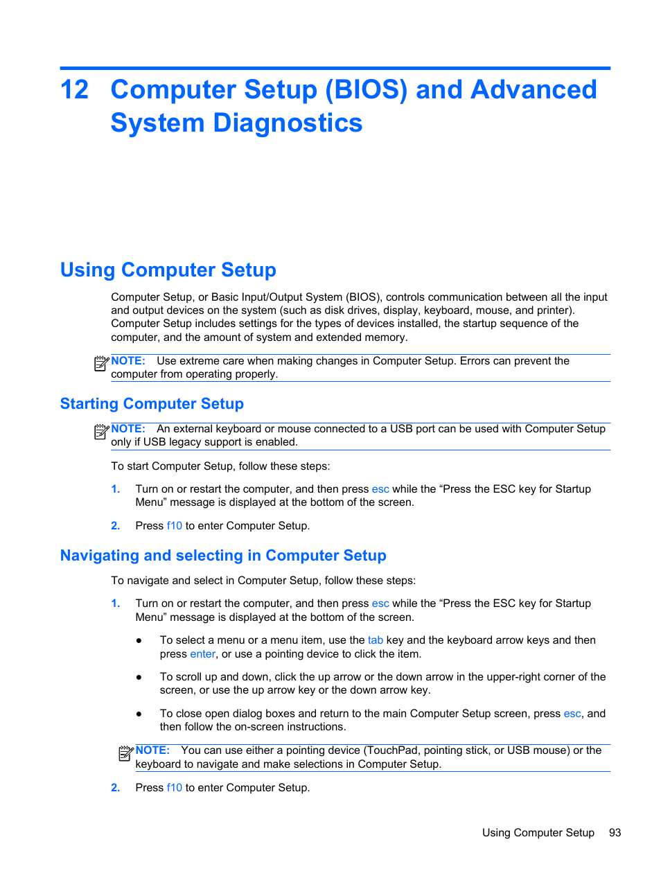Using computer setup, Starting computer setup, Navigating and selecting in computer setup | HP ProBook 4340s Notebook-PC User Manual | Page 103 / 125