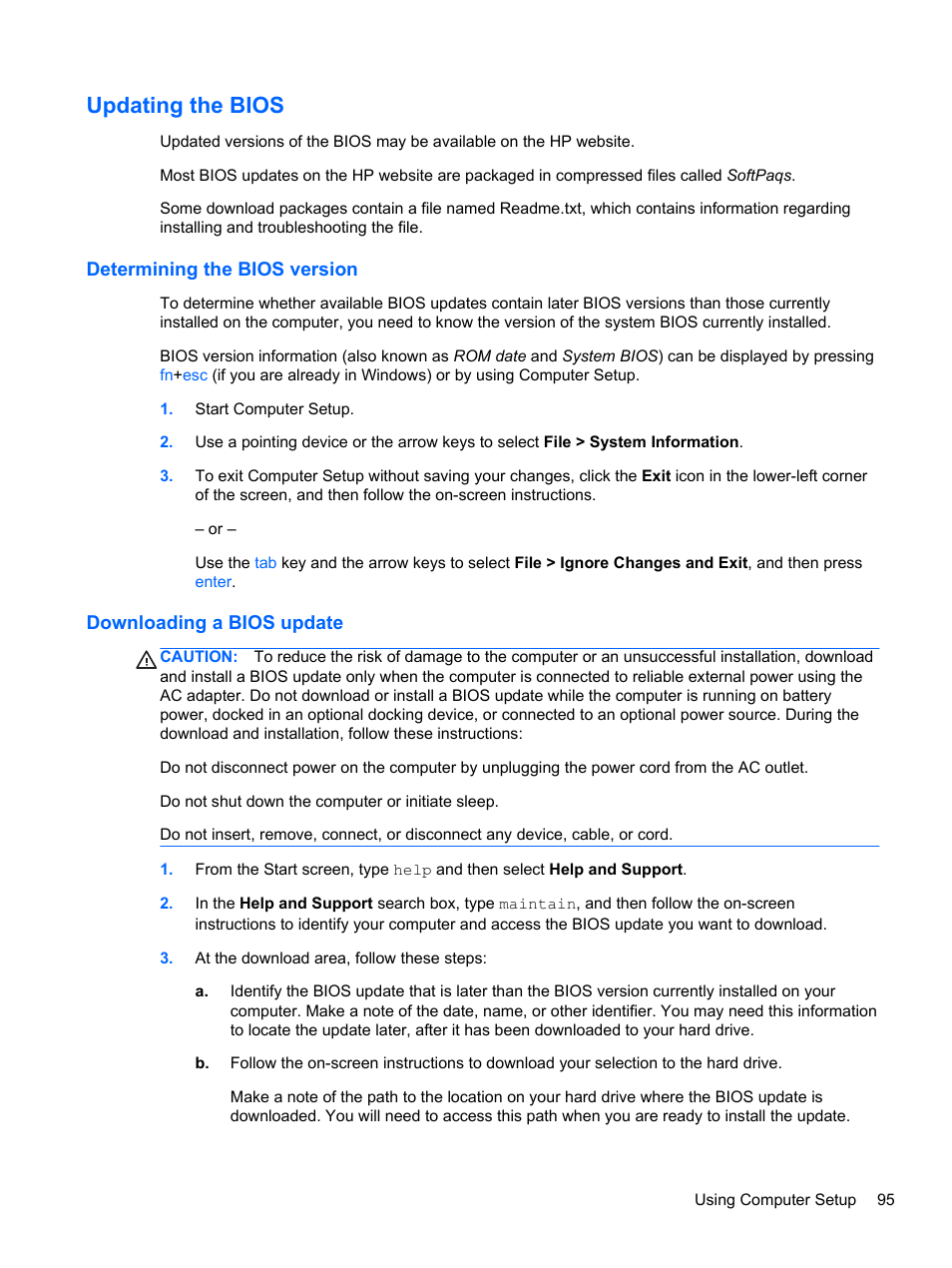 Updating the bios, Determining the bios version, Downloading a bios update | HP ProBook 4340s Notebook-PC User Manual | Page 105 / 125