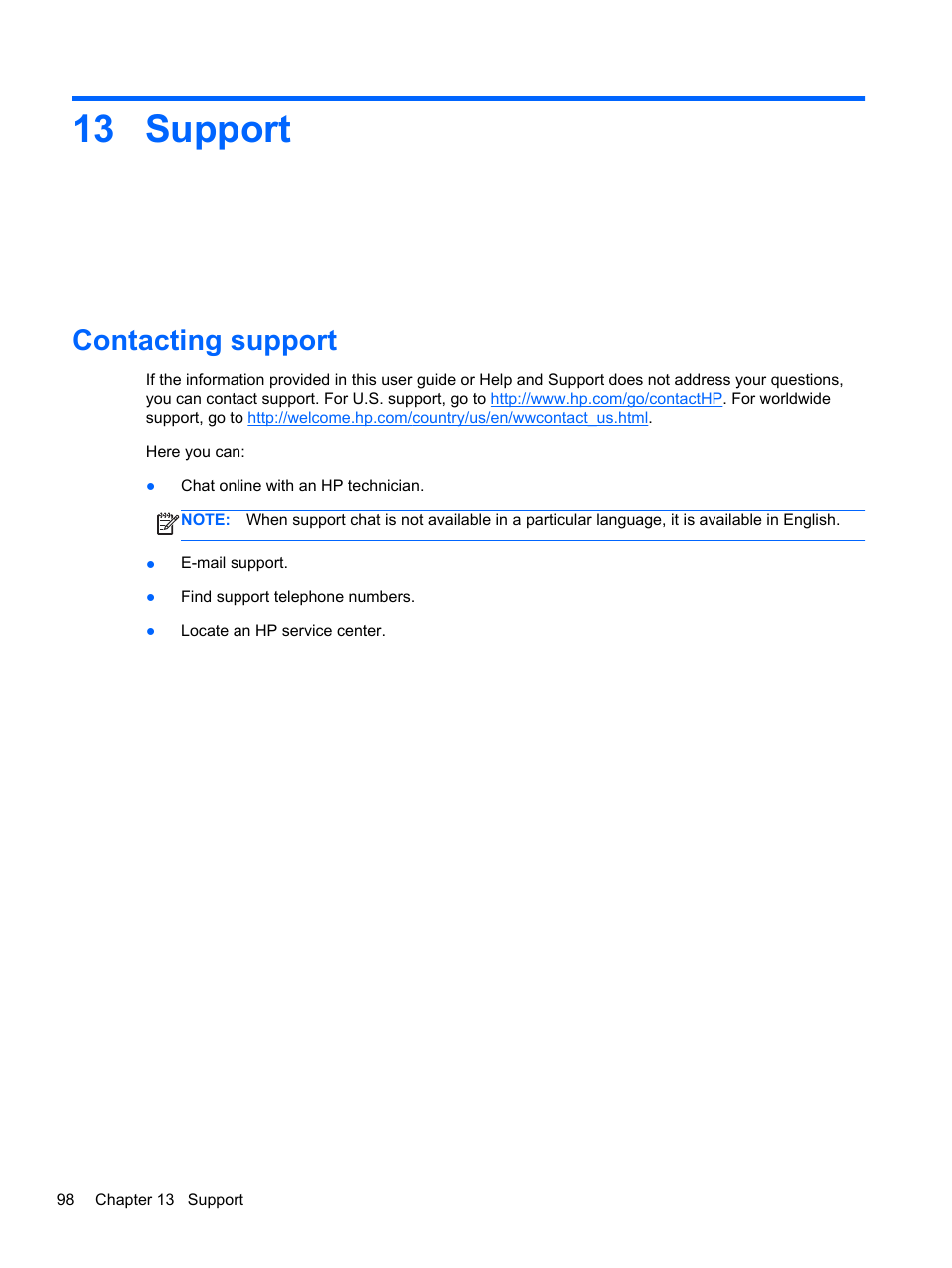 Support, Contacting support, 13 support | HP ProBook 4340s Notebook-PC User Manual | Page 108 / 125