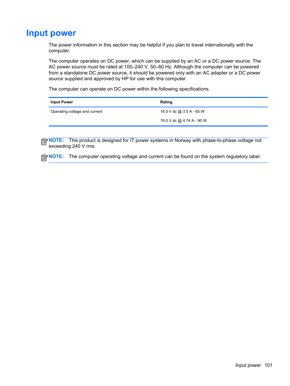 Input power | HP ProBook 4340s Notebook-PC User Manual | Page 111 / 125