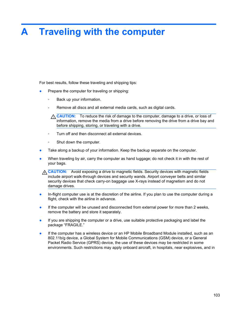 Traveling with the computer, Appendix a traveling with the computer, Atraveling with the computer | HP ProBook 4340s Notebook-PC User Manual | Page 113 / 125