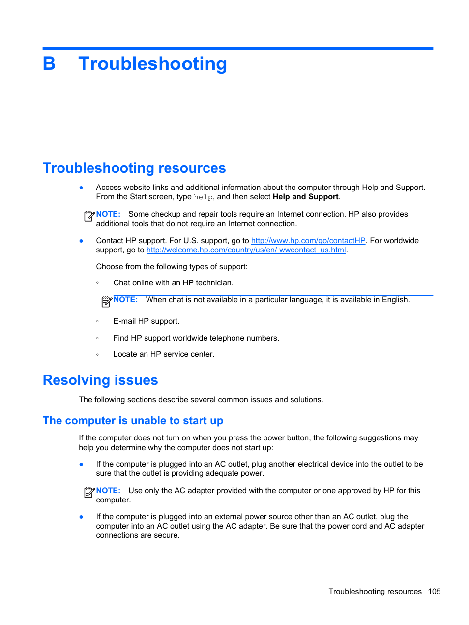 Troubleshooting, Troubleshooting resources, Resolving issues | The computer is unable to start up, Appendix b troubleshooting, Troubleshooting resources resolving issues, Btroubleshooting | HP ProBook 4340s Notebook-PC User Manual | Page 115 / 125