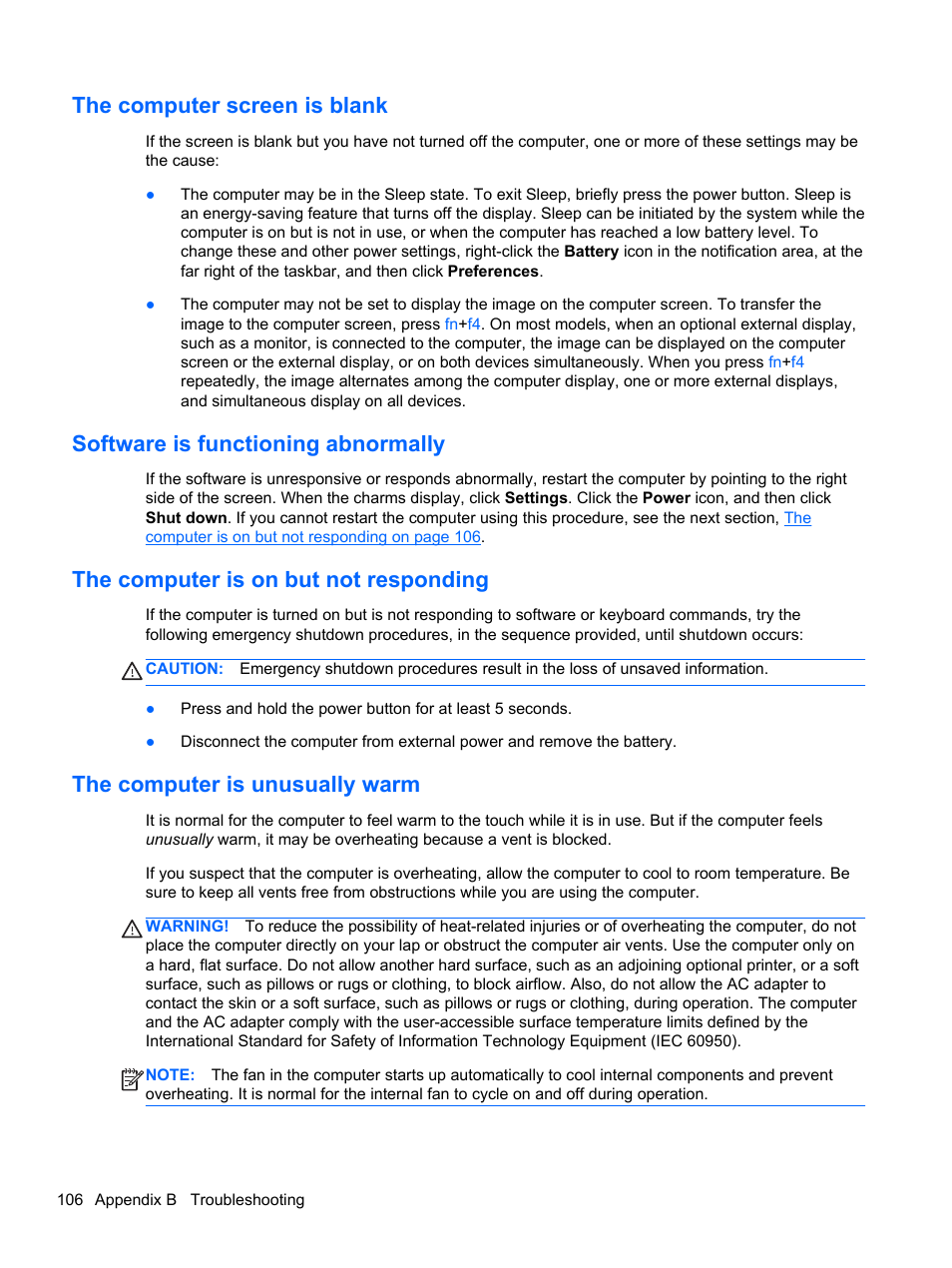 The computer screen is blank, Software is functioning abnormally, The computer is on but not responding | The computer is unusually warm | HP ProBook 4340s Notebook-PC User Manual | Page 116 / 125