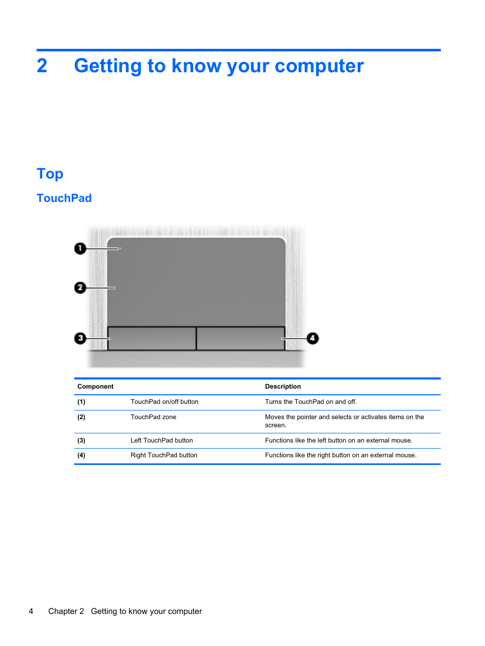 Getting to know your computer, Touchpad, 2 getting to know your computer | Getting to know, 2getting to know your computer | HP ProBook 4340s Notebook-PC User Manual | Page 14 / 125