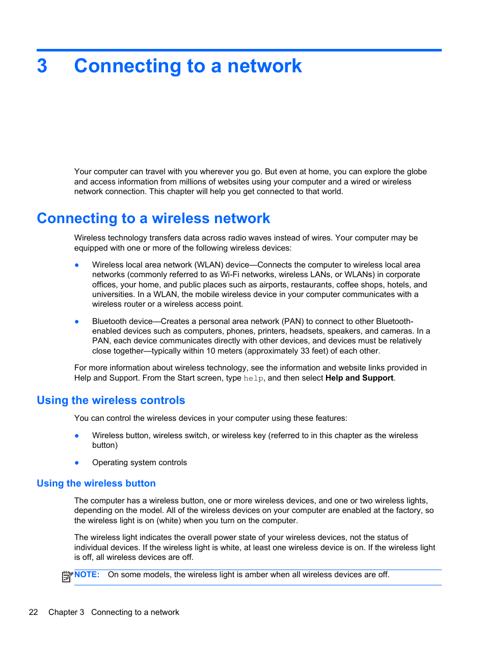 Connecting to a network, Connecting to a wireless network, Using the wireless controls | Using the wireless button, 3 connecting to a network, 3connecting to a network | HP ProBook 4340s Notebook-PC User Manual | Page 32 / 125