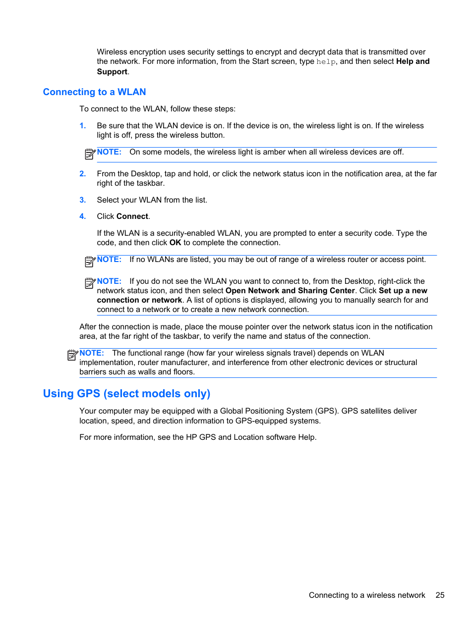 Connecting to a wlan, Using gps (select models only) | HP ProBook 4340s Notebook-PC User Manual | Page 35 / 125