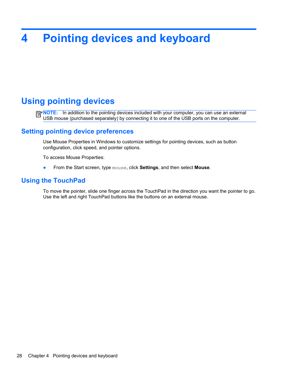 Pointing devices and keyboard, Using pointing devices, Setting pointing device preferences | Using the touchpad, 4 pointing devices and keyboard, Pointing, 4pointing devices and keyboard | HP ProBook 4340s Notebook-PC User Manual | Page 38 / 125